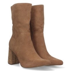Botines con tacon medio de strass y punta fina mujer color camel