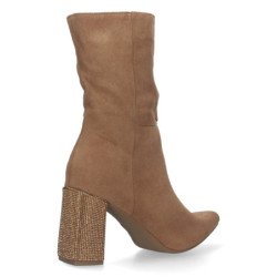 Botines con tacon medio de strass y punta fina mujer color camel