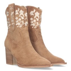 Botines tacón medio cómodo bordado flores mujer camel A-3008