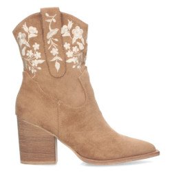 Botines tacón medio cómodo bordado flores mujer camel A-3008