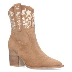 Botines tacón medio cómodo bordado flores mujer camel A-3008