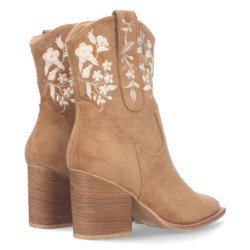 Botines tacón medio cómodo bordado flores mujer camel A-3008