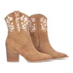 Botines tacón medio cómodo bordado flores mujer camel A-3008
