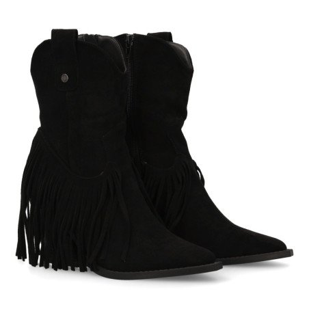 Botines tacón caña con flecos estilo cowboy de mujer color negro A-5419