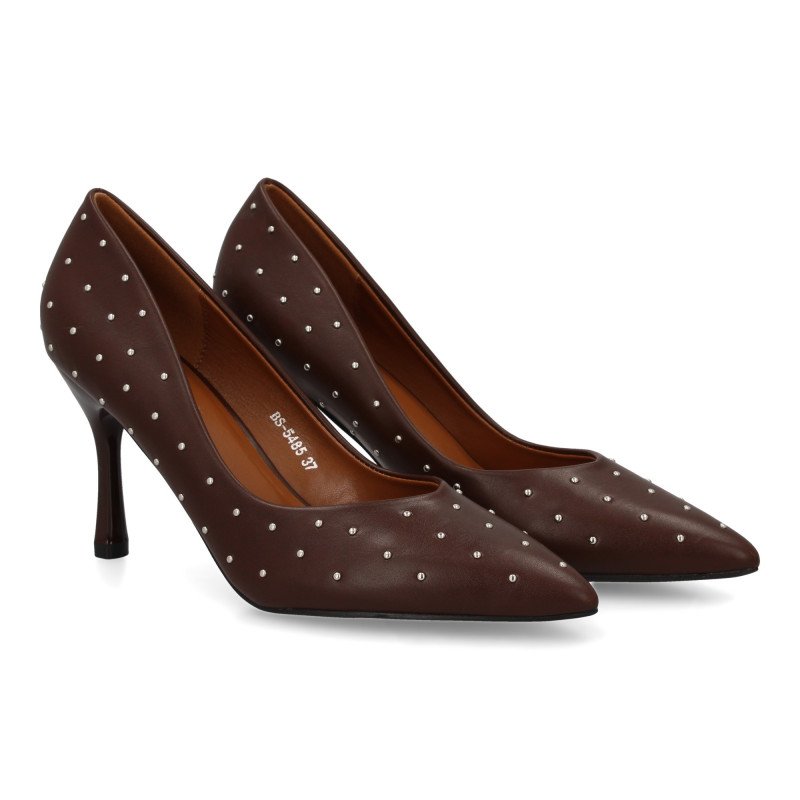 Zapatos de tacón salón stiletto tachuelas de mujer color marron BS-5485