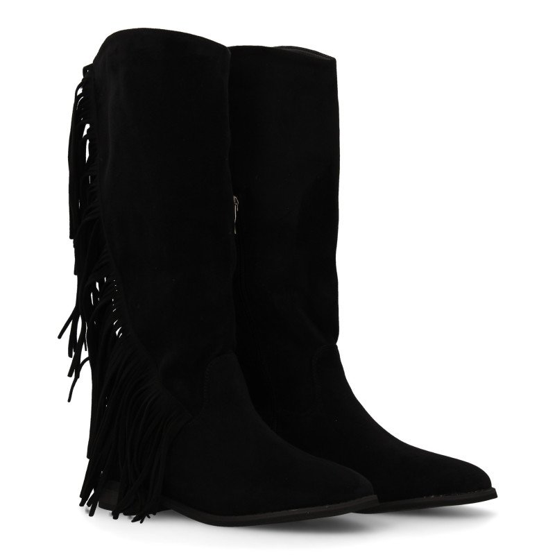 Botas de tacón bajo estilo campero flecos de mujer color negro S-5523