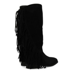 Botas de tacón bajo estilo campero flecos de mujer color negro S-5523