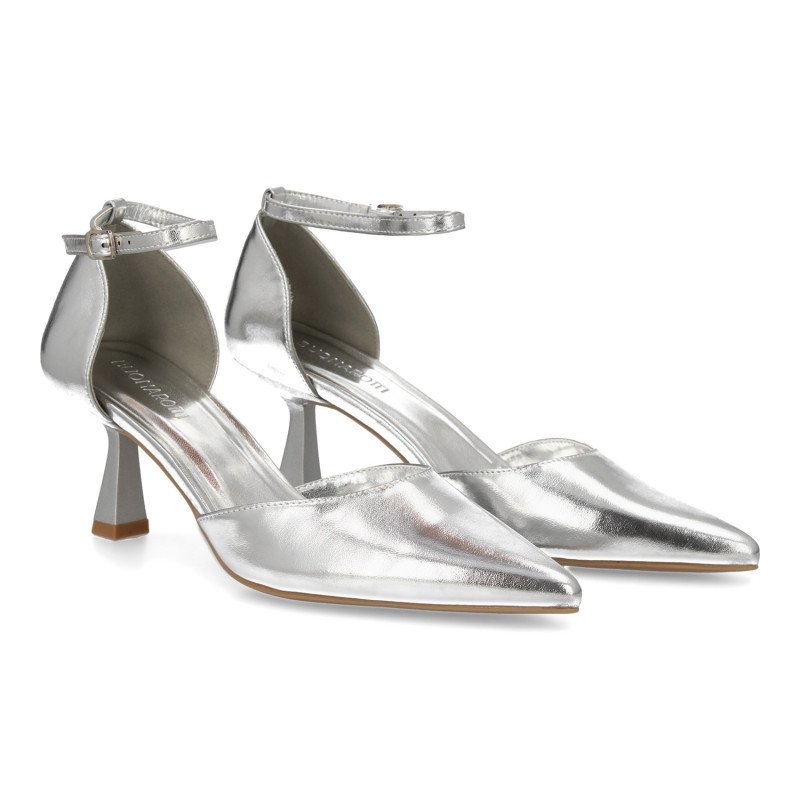 Zapatos de salon plateados tacón medio hebilla de mujer B-3369