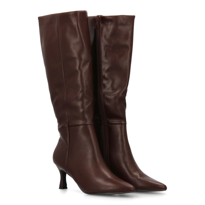 Botas elegantes caña alta tacón medio de mujer color marron FZ386