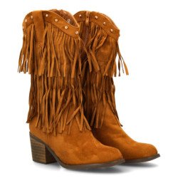 Botas cowboy de flecos y tachuelas tacón medio de mujer color camel XQ-908