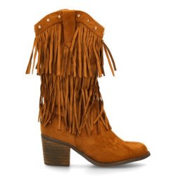 Botas cowboy de flecos y tachuelas tacón medio de mujer color camel XQ-908