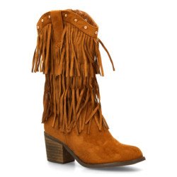 Botas cowboy de flecos y tachuelas tacón medio de mujer color camel XQ-908