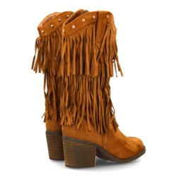 Botas cowboy de flecos y tachuelas tacón medio de mujer color camel XQ-908