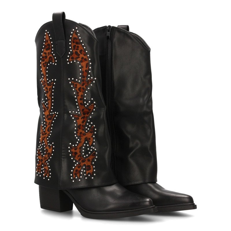 Botas cowboy con borados y tachuela en caña tacón medio de mujer color negro y leopardo YZ25-07