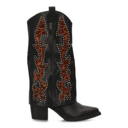 Botas cowboy con borados y tachuela en caña tacón medio de mujer color negro y leopardo YZ25-07