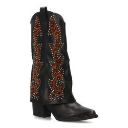 Botas cowboy con borados y tachuela en caña tacón medio de mujer color negro y leopardo YZ25-07
