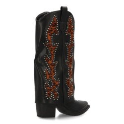 Botas cowboy con borados y tachuela en caña tacón medio de mujer color negro y leopardo YZ25-07