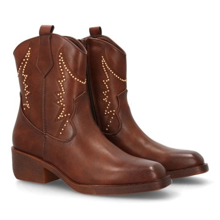 Botines cowboy tachuelas tacón bajo de mujer color marron YZ25-14