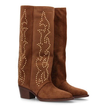 Botas altas camperas bordadas para mujer color kaki 4022