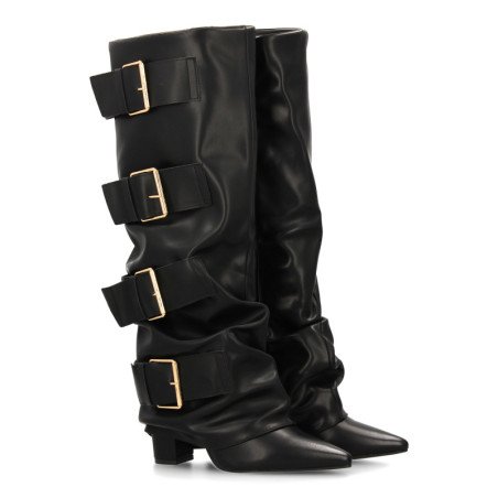 Botas altas caña arrugada y hebillas de mujer color negro 7677A