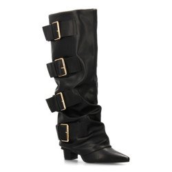Botas altas caña arrugada y hebillas de mujer color negro 7677A