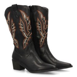 Botas camperas tacón medio caña alta bordada mujer color negro YG870