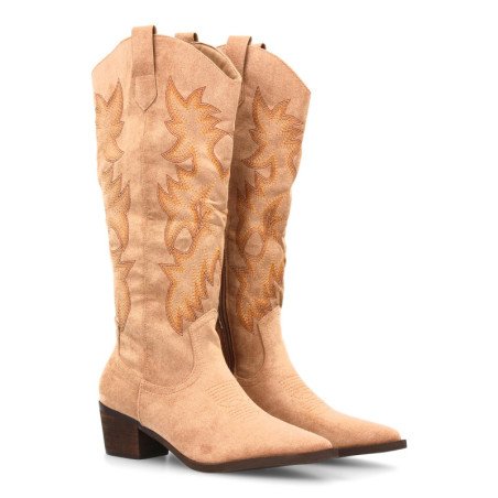 Botas camperas tacón medio caña alta bordada mujer color kaki YG876