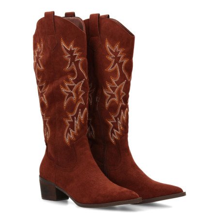 Botas camperas tacón medio caña alta bordada mujer color marron YG876