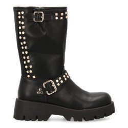 Botas planas estilo moteros tachuelas de mujer color negro A9638