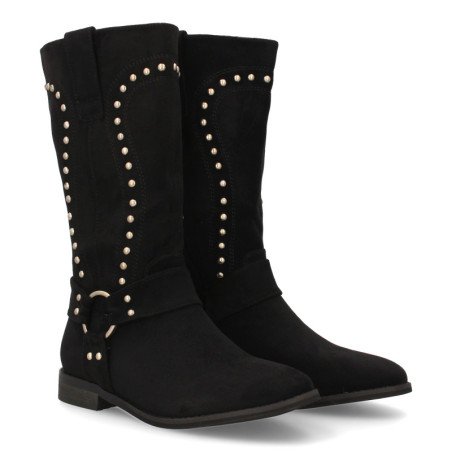 Botas planas estilo motero tachuelas de mujer color negro S-5530