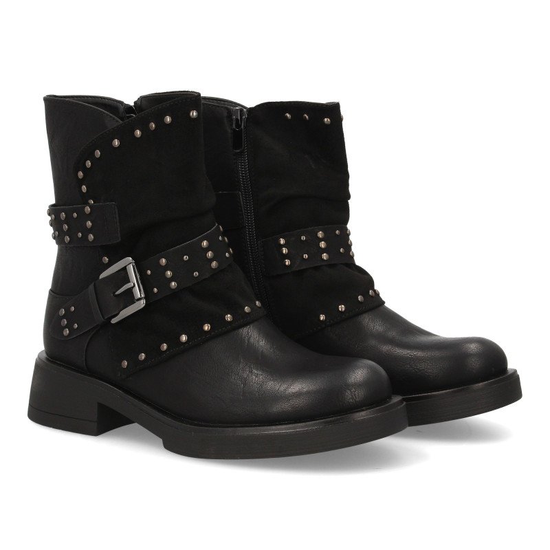 Botas biker estilo motero tachuelas tacón bajo de mujer color negro 4366