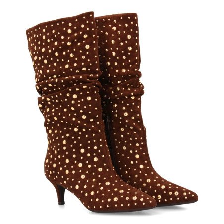 Botas elegantes caña arrugada tachuelas tacón medio de mujer color marron 7543