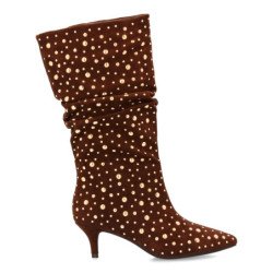 Botas elegantes caña arrugada tachuelas tacón medio de mujer color marron 7543