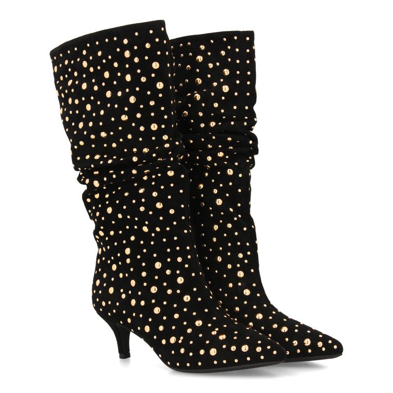 Botas elegantes caña arrugada tachuelas tacón medio de mujer color negro 7543