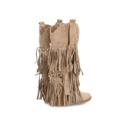 Botas camperas flecos en caña tacón medio cowboy de mujer color kaki 52208