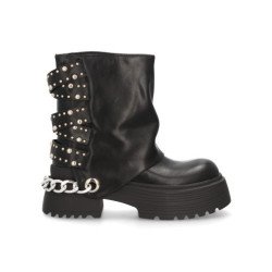 Botas estilo grunge comoda plataforma tachuelas y cadena de mujer color negro K-16