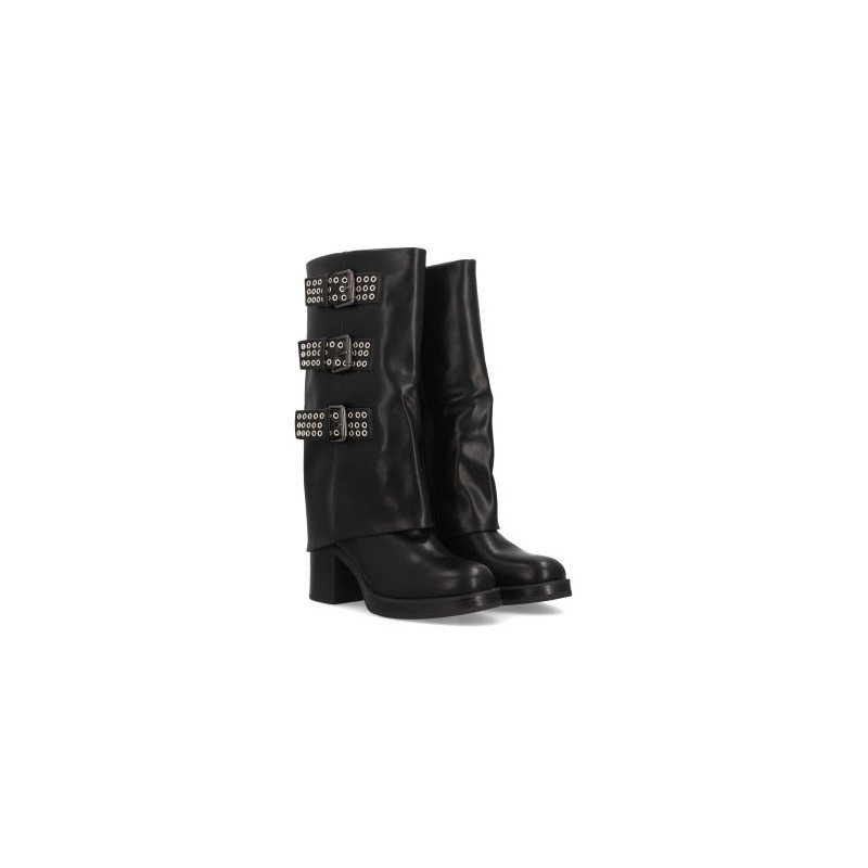 Botas tacón medio estilo motero tachuelas de mujer color negro K-29