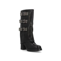 Botas tacón medio estilo motero tachuelas de mujer color negro K-29