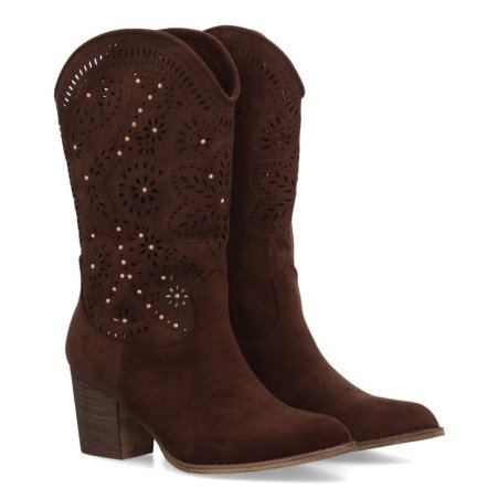 Botas camperas tacón medio calado floral de mujer color cafe A-5603