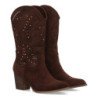 Botas camperas tacón medio calado floral de mujer color cafe A-5603