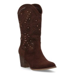 Botas camperas tacón medio calado floral de mujer color cafe A-5603