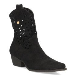 Botines camperos tacón medio calados de mujer color negro A-5747