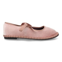 Merceditas terciopelo rosa planas lazos de mujer