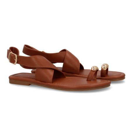 Sandalias planas hebilla de mujer color camel KK-1017
