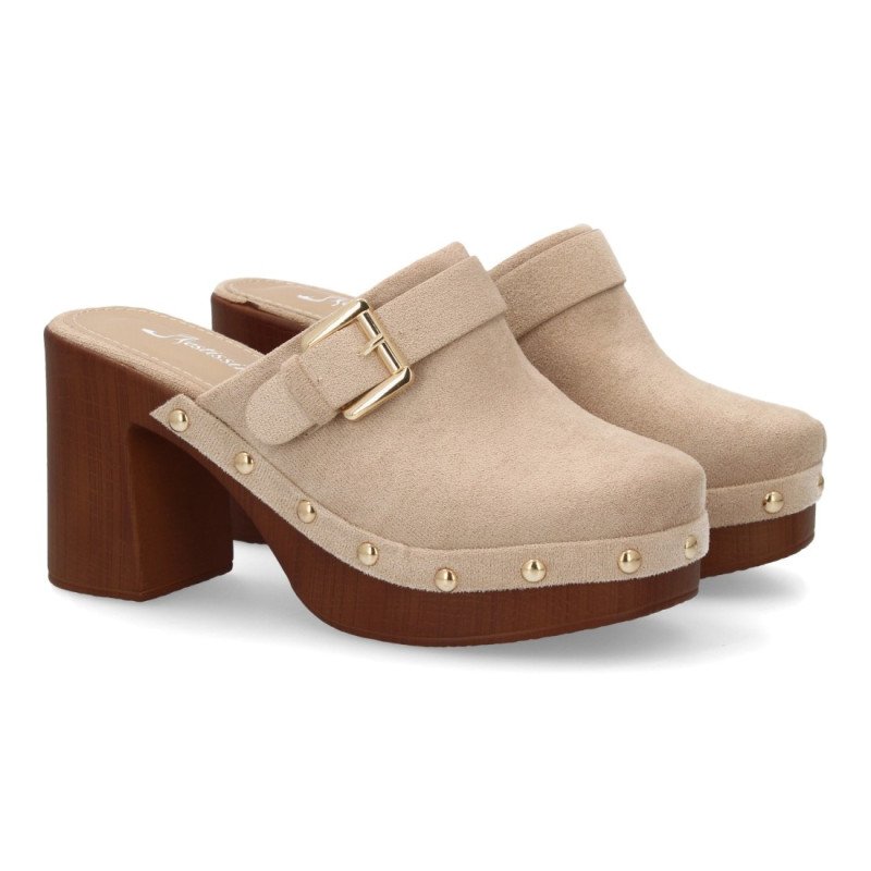 Zuecos de tacón y plataforma tachuelas de mujer color kaki F280-1