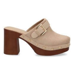 Zuecos de tacón y plataforma tachuelas de mujer color kaki F280-1