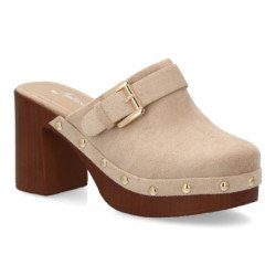 Zuecos de tacón y plataforma tachuelas de mujer color kaki F280-1