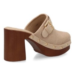 Zuecos de tacón y plataforma tachuelas de mujer color kaki F280-1