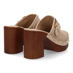 Zuecos de tacón y plataforma tachuelas de mujer color kaki F280-1