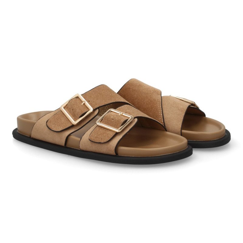 Sandalias planas pala cruzada hebillas de mujer color kaki OH-571